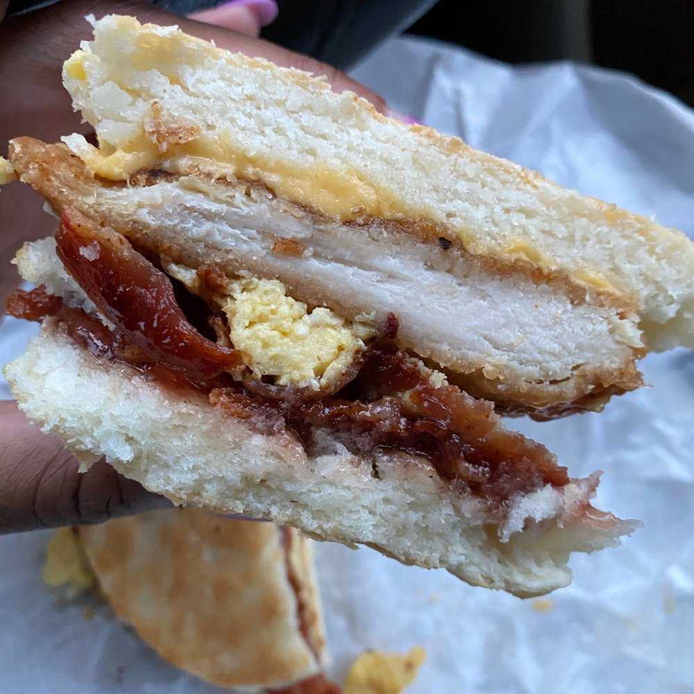 The Biscuit Factory - Chicken, egg & cheese added 2 pieces of bacon , added on some strawberry jam. YUM! - American Near Me - High Point, North Carolina The Biscuit Factory - Chicken, egg & cheese added 2 pieces of bacon , added on some strawberry jam. YUM! - American Near Me - High Point, North Carolina