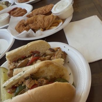 Bob's East Side Deli - Chicken CheeseSteak, Chicken Finger (Tasted Homemade!) with Fries and a perfect Breakfast plate in the back. - Delis Near Me - Las Vegas, Nevada