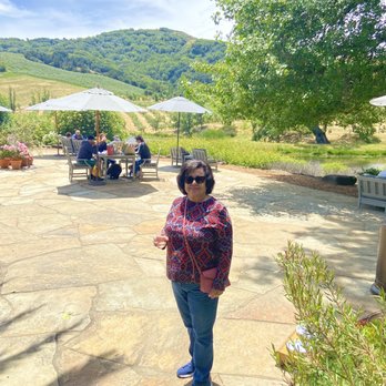 McEvoy Ranch - My gorgeous mom in the outdoor seating area - Wine Tasting Room Near Me - Petaluma, California