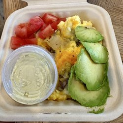 Breakfast bowl--eggs, cheese, potatoes, avocado, etc. Very fresh and flavorful.