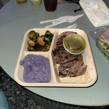 Fresh Corn Grill - Steak Plate w/ Purple Mash and Brussels Sprouts - American Near Me - Westwood, California Fresh Corn Grill - Steak Plate w/ Purple Mash and Brussels Sprouts - American Near Me - Westwood, California