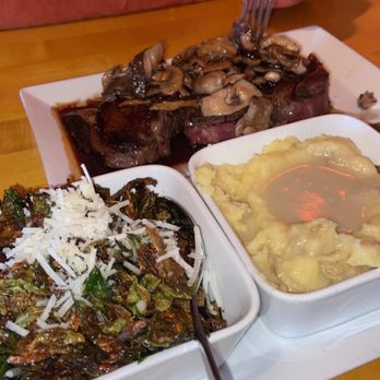 Salty Sow - Brussel sprouts, mashed potatoes and steak with mushrooms - American Near Me - Austin, Texas Salty Sow - Brussel sprouts, mashed potatoes and steak with mushrooms - American Near Me - Austin, Texas