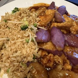 Eggplant in Garlic Sauce with added Vegetable fried rice on the side (no egg). Eggplant in Garlic Sauce with added Vegetable fried rice on the side (no egg).