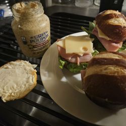 8/6/2026 - pretzel sliders even better when brought home to switch out American cheese with Swiss + add mayo, Grey Poupon & spring mix!