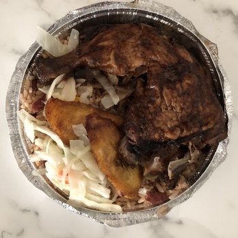 Footprints Cafe - Small jerk chicken with rice and peas , plantain, and cabbage. - Caribbean Near Me - Brooklyn, New York