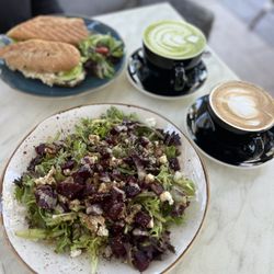 Tuna Salad Sandwich, Matcha Latte, Lavender Latte, Beet Salad.