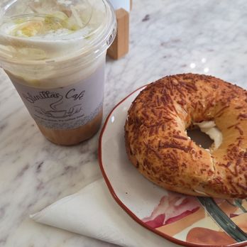 Bilenitta’s Cafe - Asiago bagel and Dubai chocolate iced latte - Breakfast & Brunch Near Me - Attleboro, Massachusetts