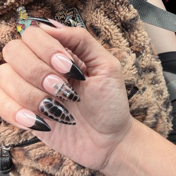 Metime Nails Lounge - GelX Black French Tip with turtle shell/crocodile print and a cross charm (Chris has soooo many charms to choose from!) - Nail Salons Near Me - Chino Hills, California