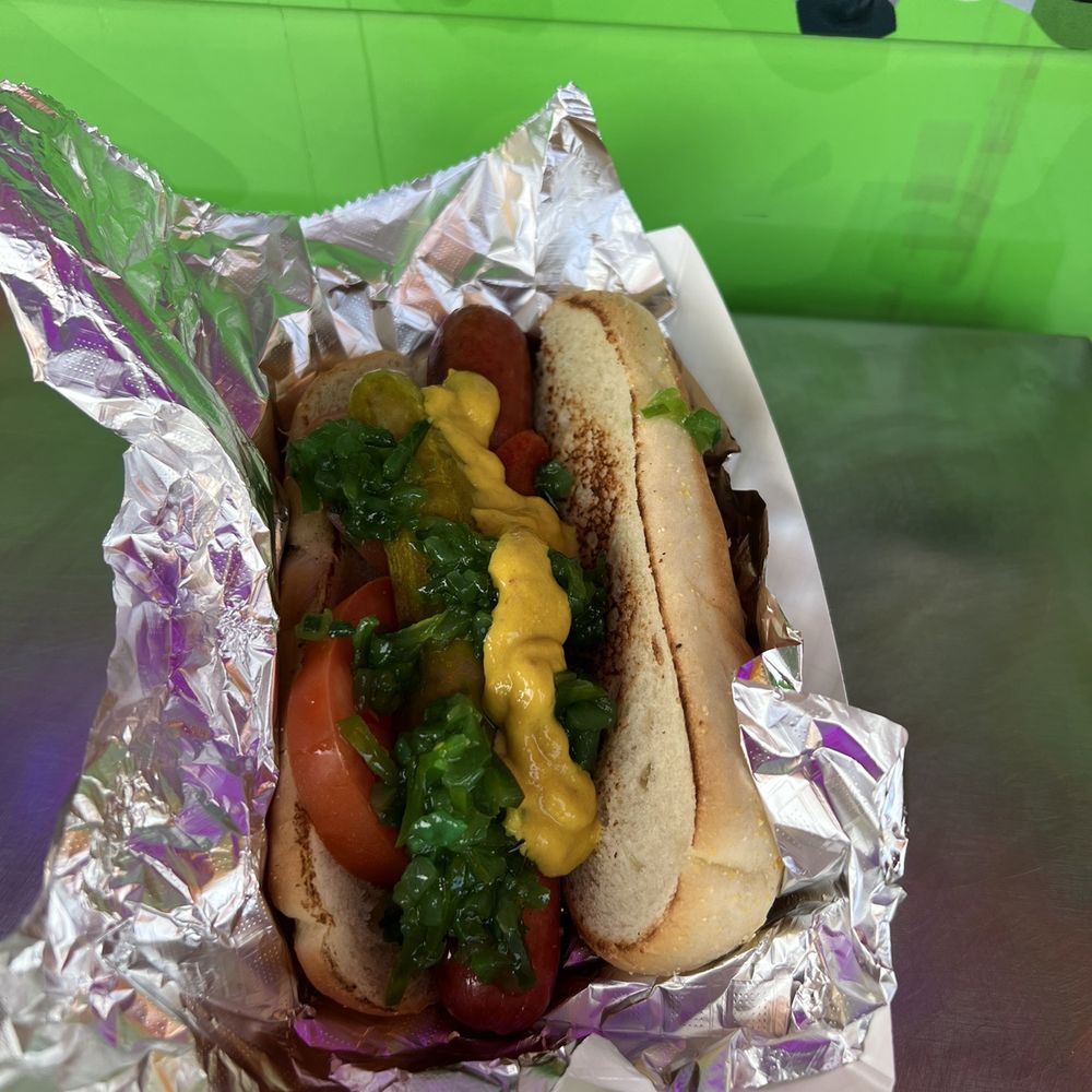 Chicago style dog. You can add pickles relish, mustard and condiments as much as you'd like!!