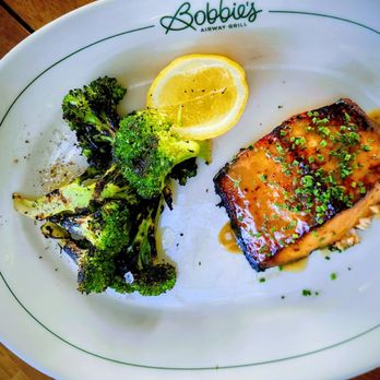 Bobbies Airway Grill - Miso Salmon with grilled broccoli - New American Near Me - Dallas, Texas