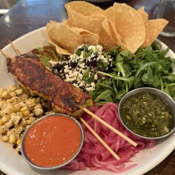 Maplewood Kitchen and Bar - Guajillo Bowl with Salmon Skewers - Breakfast & Brunch Near Me - Cincinnati, Ohio Maplewood Kitchen and Bar - Guajillo Bowl with Salmon Skewers - Breakfast & Brunch Near Me - Cincinnati, Ohio