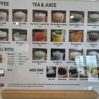 7 Leaves Cafe - Menu 1/25 - Menu board at 7 Leaves Cafe featuring coffee, tea, juice, small bites, and add-ons with images and calorie information. - Coffee & Tea Near Me - Phoenix, Arizona