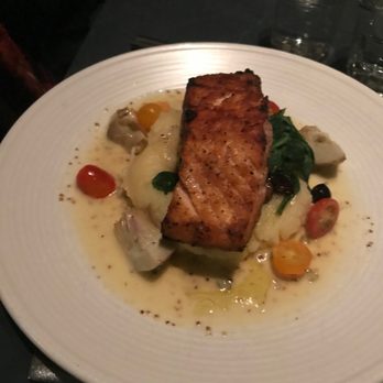 Guesthouse - today's market catch: Alaskan Salmon over pomme purée, artichokes, olives, sautéed greens and sauce dijon - Cocktail Bars Near Me - Kentfield, California Guesthouse - today's market catch: Alaskan Salmon over pomme purée, artichokes, olives, sautéed greens and sauce dijon - Cocktail Bars Near Me - Kentfield, California
