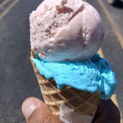 Blue moon and bubble gum on a waffle cone