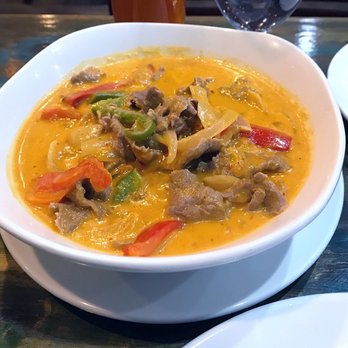 Bedford Thai - Beef Mango Curry : mango, coconut milk, red pepper, tomato, red curry. He said it's good. - Thai Near Me - Stamford, Connecticut