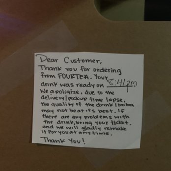 Fourtea - Super courteous note. Now this is great customer service! - Coffee & Tea Near Me - Orange, California