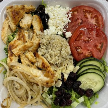 LuLu's Cafe - Grilled onion cucumber tomatoes black olive cranberries almonds feta and quinoa. - Brazilian Near Me - Fort Myers, Florida LuLu's Cafe - Grilled onion cucumber tomatoes black olive cranberries almonds feta and quinoa. - Brazilian Near Me - Fort Myers, Florida