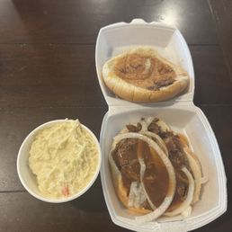 Chopped beef sandwich and potato salad Chopped beef sandwich and potato salad
