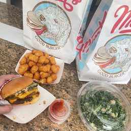 Vegan double cheese burger, tots and Kale salad Vegan double cheese burger, tots and Kale salad