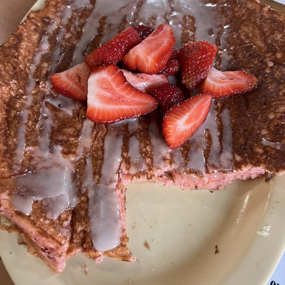 Polonia Cafe - The Double Strawberry pancake!! Strawberry pancake batter with glaze and fresh strawberries! - Bakeries Near Me - Custer, Wisconsin