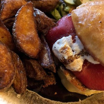 The Copper Fox - Red pepper and eggplant sandwich with fried mozzarella on a brioche, roasted potatoes and greens with tasty pickle slices. Yum! - New American Near Me - Springfield, Vermont The Copper Fox - Red pepper and eggplant sandwich with fried mozzarella on a brioche, roasted potatoes and greens with tasty pickle slices. Yum! - New American Near Me - Springfield, Vermont
