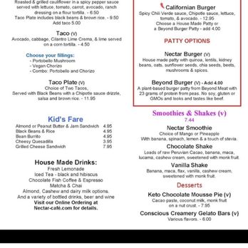 Nectar Cafe - Menu from 12/2021 - Vegetarian Near Me - Auburn, California