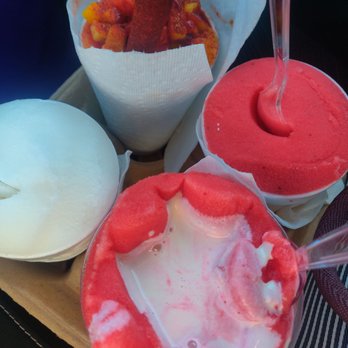 Paraiso de Mexico 3 - Mangonada, strawberry shaved ice, fresa con crema shaved ice, and lime shaved ice. - Mexican Near Me - San Antonio, Texas Paraiso de Mexico 3 - Mangonada, strawberry shaved ice, fresa con crema shaved ice, and lime shaved ice. - Mexican Near Me - San Antonio, Texas