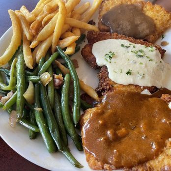 Haus Murphy's - Schnitzel Sampler Plate (3 different kinds) with green beans and pommes (French Fries) - German Near Me - Glendale, Arizona Haus Murphy's - Schnitzel Sampler Plate (3 different kinds) with green beans and pommes (French Fries) - German Near Me - Glendale, Arizona