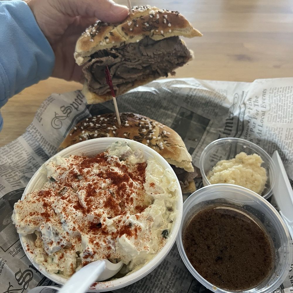 The Nor-easter roast beef with Au jus and horseradish on a sea salt & caraway seed Kaiser roll