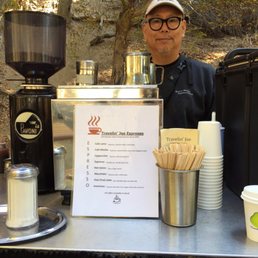 Travelin Joe's very nice owner at the park serving great coffee at our Opening Day soccer matches.