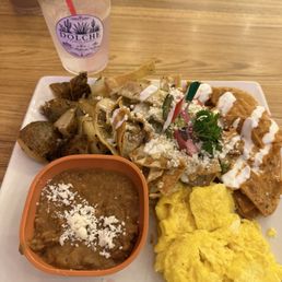 Chilaquiles half poblano and half chipotle