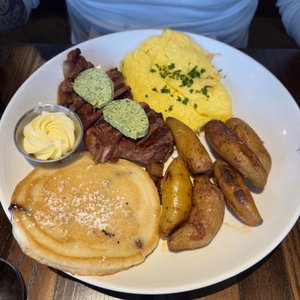 Photo of Barking Frog - Woodinville, WA, United States. Steak & Eggs Northwest Huckleberry Pancakes