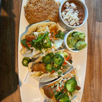 Yard House - Beer-Battered Cod and shrimp tacos with rice and beans - New American Near Me - Orlando, Florida