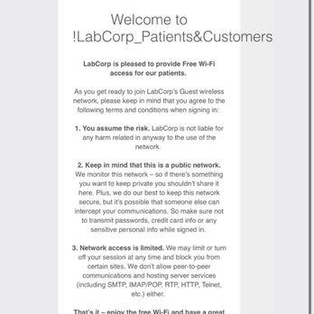 Labcorp - They have Free WiFi. It's not the best, but without it, I have no reception with AT&T - Laboratory Testing Near Me - Fountain Valley, California