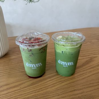 Êmm Cafe - Strawberry Matcha (left) & Gemini Matcha (right) - Cafes Near Me - Houston, Texas Êmm Cafe - Strawberry Matcha (left) & Gemini Matcha (right) - Cafes Near Me - Houston, Texas