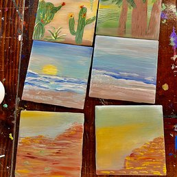 Six  4x4" tiles I painted with underglaze--wating to be fired.