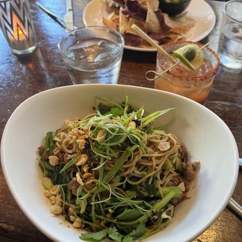 E&O Kitchen and Bar - Dandan noodles and CHICKEN KATSU SANDWICH behind - Asian Fusion Near Me - San Francisco, California