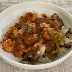 Bayou Market and Cafe - Shrimp Creole over rice and potatoes