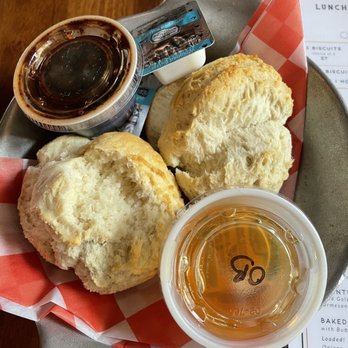 Biscuits and Bourbon - The amazing Biscuits and blueberry pecan jam as well as orange blossom honey - New American Near Me - Henderson, Nevada