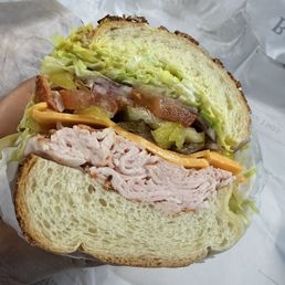 Turkey on Dutch crunch with "the works" and cheddar cheese. So good!