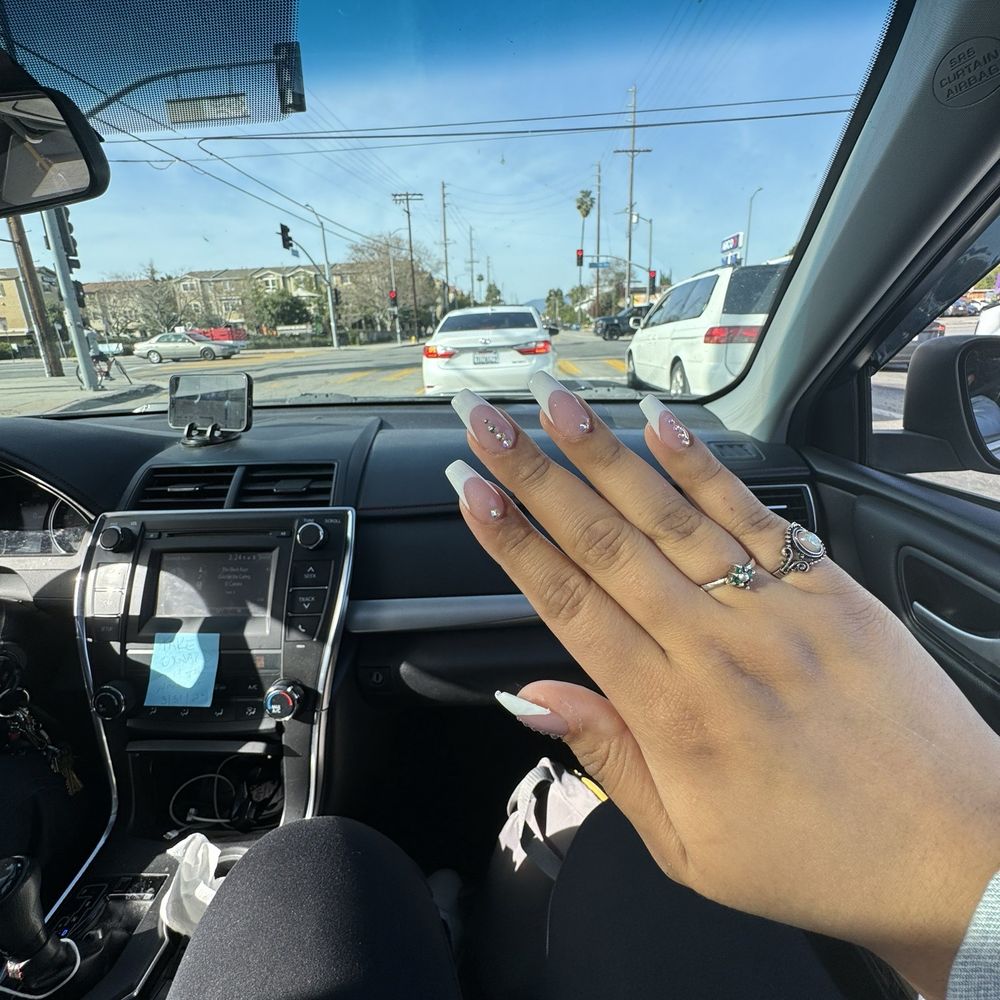 PM Nails - French tips with gems. Medium coffin acrylic - Nail Salons Near Me - Sherman Oaks, California PM Nails - French tips with gems. Medium coffin acrylic - Nail Salons Near Me - Sherman Oaks, California