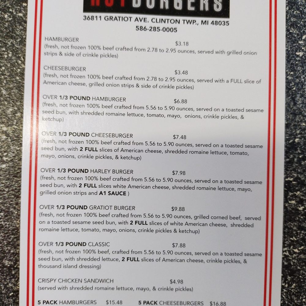 Hot burgers - Front of carry-out menu. - Desserts Near Me - Clinton Township, Michigan Hot burgers - Front of carry-out menu. - Desserts Near Me - Clinton Township, Michigan