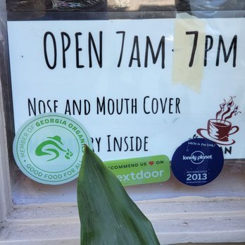 Sentient Bean - Sign in window noting that a nose and mouth cover was mandatory to enter the cafe. - Coffee & Tea Near Me - Savannah, Georgia Sentient Bean - Sign in window noting that a nose and mouth cover was mandatory to enter the cafe. - Coffee & Tea Near Me - Savannah, Georgia