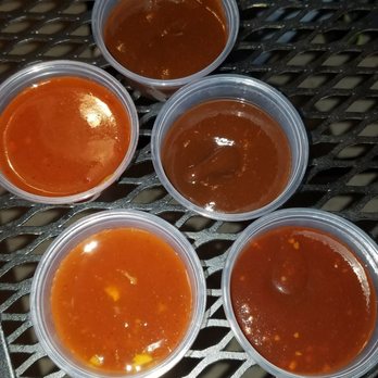 City Barbeque - 5 of the many sauces, City Sweet, Original, Bourbon, Piedmont Pride, and Spicy Ginger. - Barbeque Near Me - Charlotte, North Carolina