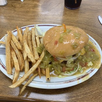 Sofia's Kitchen and Burrito Tyme - Cheeseburger smothered with green Chile. - Mexican Near Me - Socorro, New Mexico Sofia's Kitchen and Burrito Tyme - Cheeseburger smothered with green Chile. - Mexican Near Me - Socorro, New Mexico