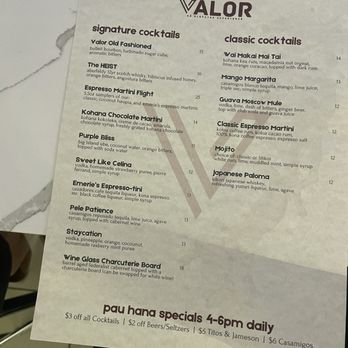 Valor - Menu - Cocktail Bars Near Me - Aiea, Hawaii