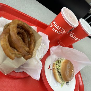 The Varsity - Burgers 2 slaw dogs and onion rings Water and orange drink - Burgers Near Me - Atlanta, Georgia The Varsity - Burgers 2 slaw dogs and onion rings Water and orange drink - Burgers Near Me - Atlanta, Georgia