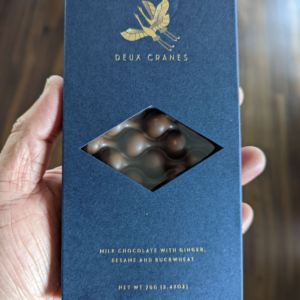 Deux Cranes - Milk chocolate with ginger, sesame, in buckwheat - Chocolatiers & Shops Near Me - Los Gatos, California Deux Cranes - Milk chocolate with ginger, sesame, in buckwheat - Chocolatiers & Shops Near Me - Los Gatos, California