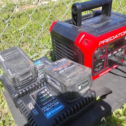 Harbor Freight Tools - 350 power station charging 2 Hercules 5 amp batteries while being charged by the sun.