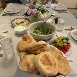 Homemade Pita Bread, a Greek Salad, Tzatziki
